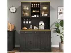 Aparador de cocina con 5 puertas, 3 cajones y estante para vasos, toma de corriente - Negro