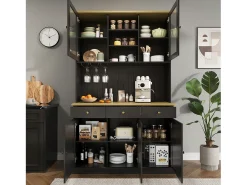 Aparador de cocina con 5 puertas, 3 cajones y estante para vasos, toma de corriente - Negro