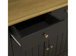 Aparador de cocina con 5 puertas, 3 cajones y estante para vasos, toma de corriente - Negro