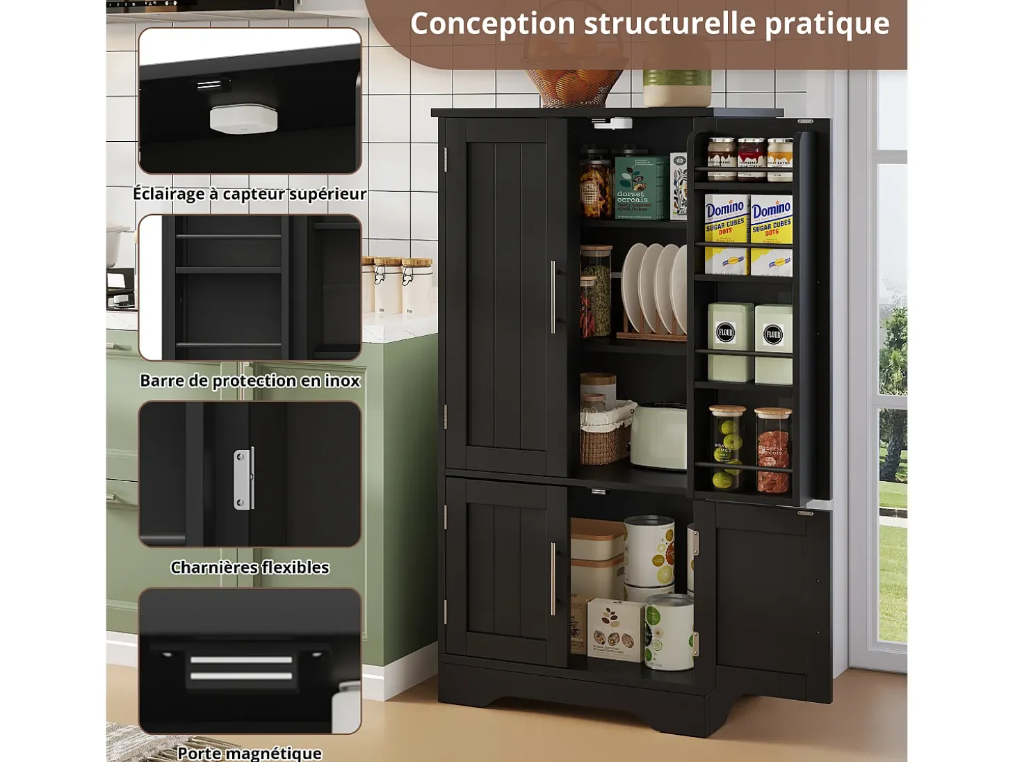 Aparador de cocina con 4 puertas y sensor LED - estantes ajustables - madera MDF - Negro