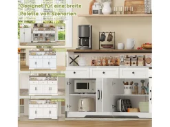 Aparador de cocina con 4 puertas - 140 x 95 x 35 cm - armarios con estantes + 3 cajones - MDF - blanco