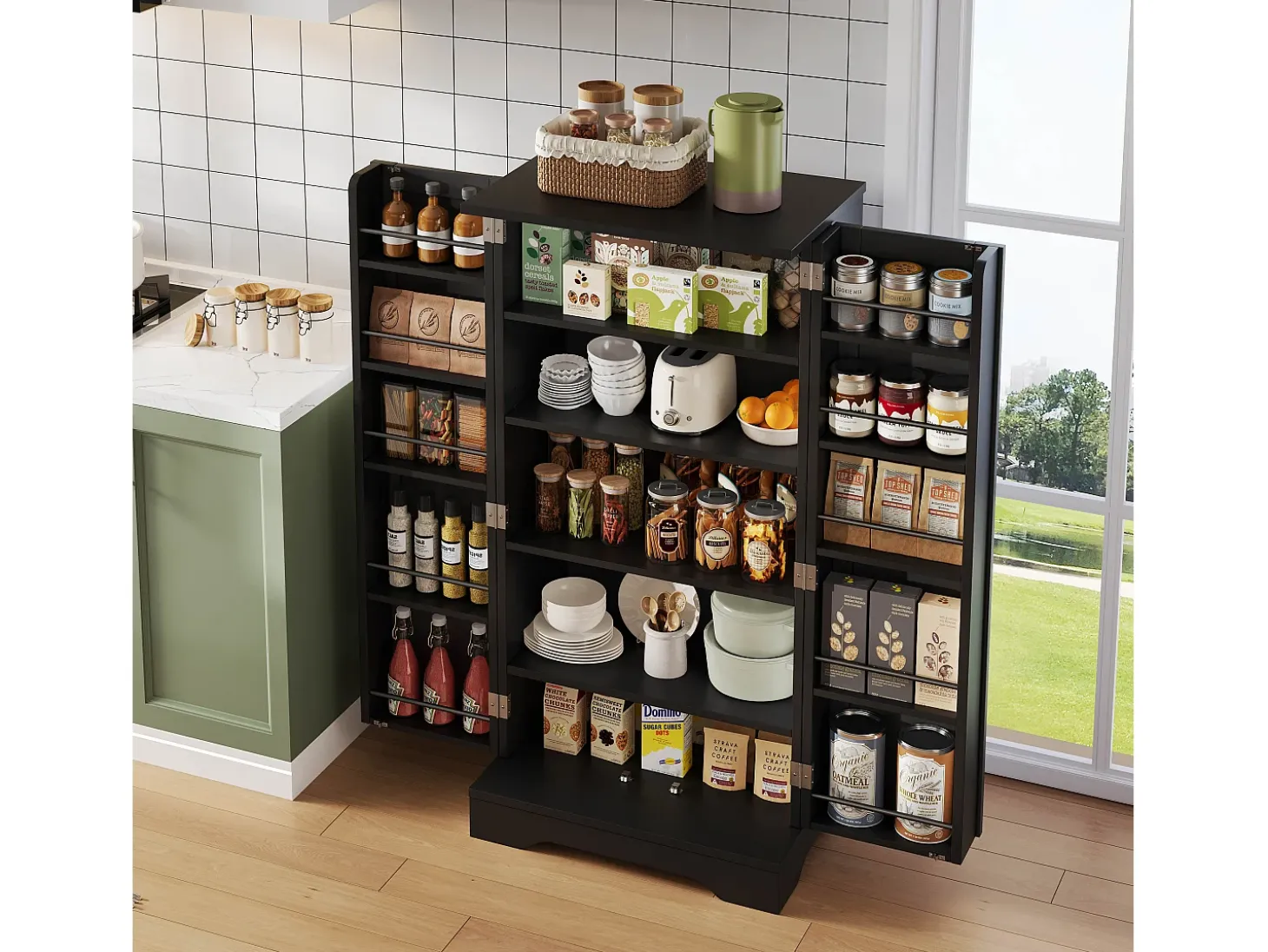 Aparador de cocina con 2 puertas y sensor LED - estantes ajustables - Negro