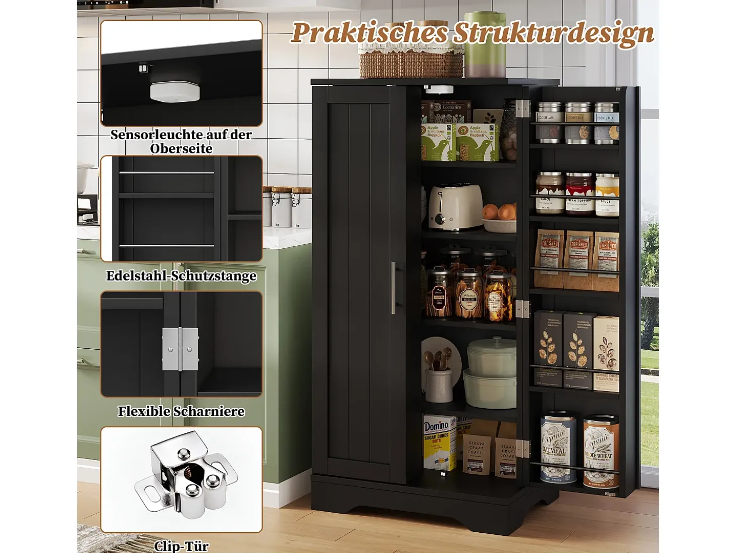 Aparador de cocina con 2 puertas y sensor LED - estantes ajustables - Negro
