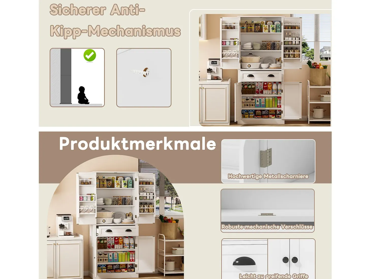 Aparador de cocina con 4 puertas y 1 cajón - 80 x 40 x 182 cm - estantes regulables - Madera MDF - Blanco