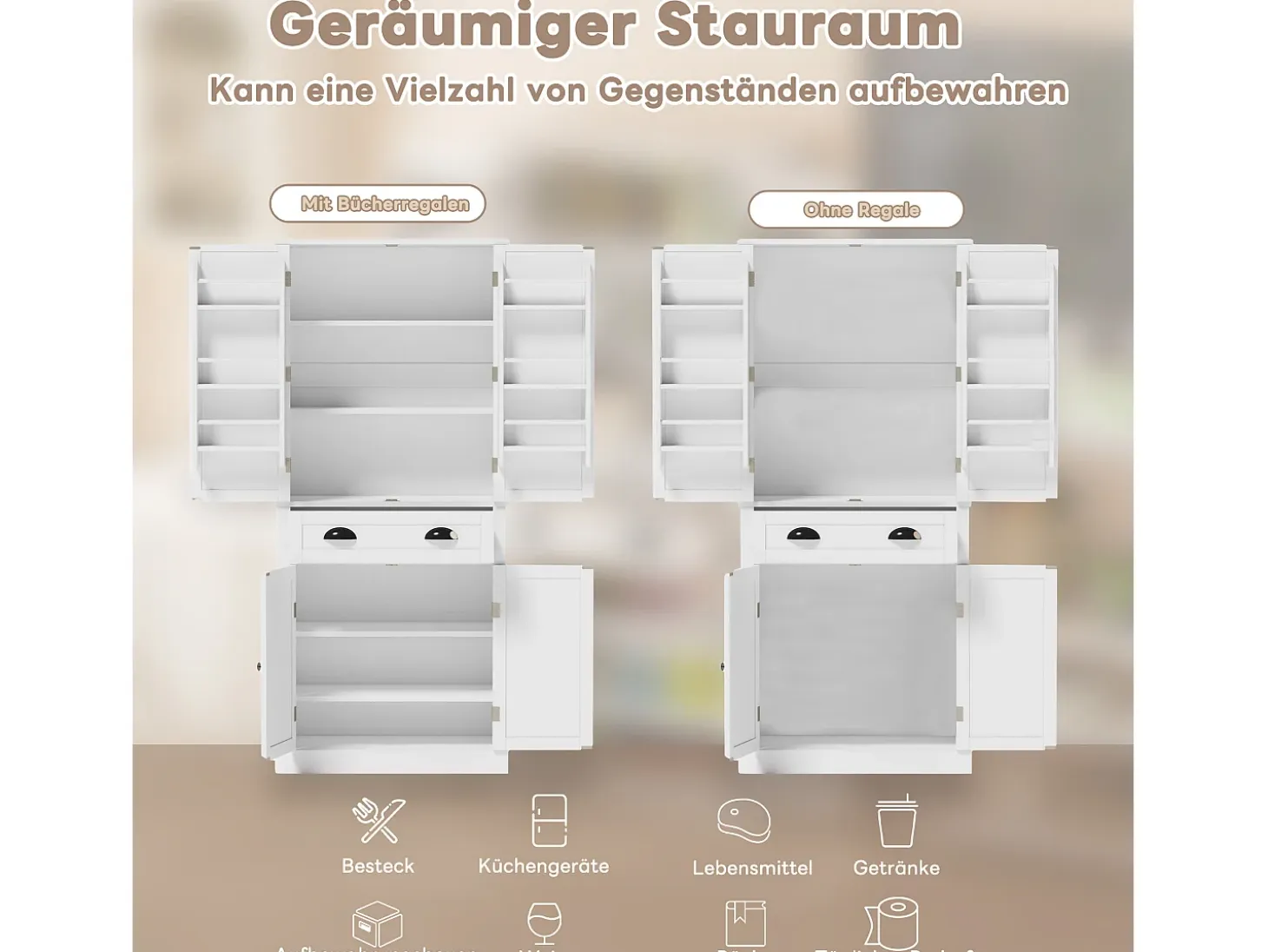 Aparador de cocina con 4 puertas y 1 cajón - 80 x 40 x 182 cm - estantes regulables - Madera MDF - Blanco