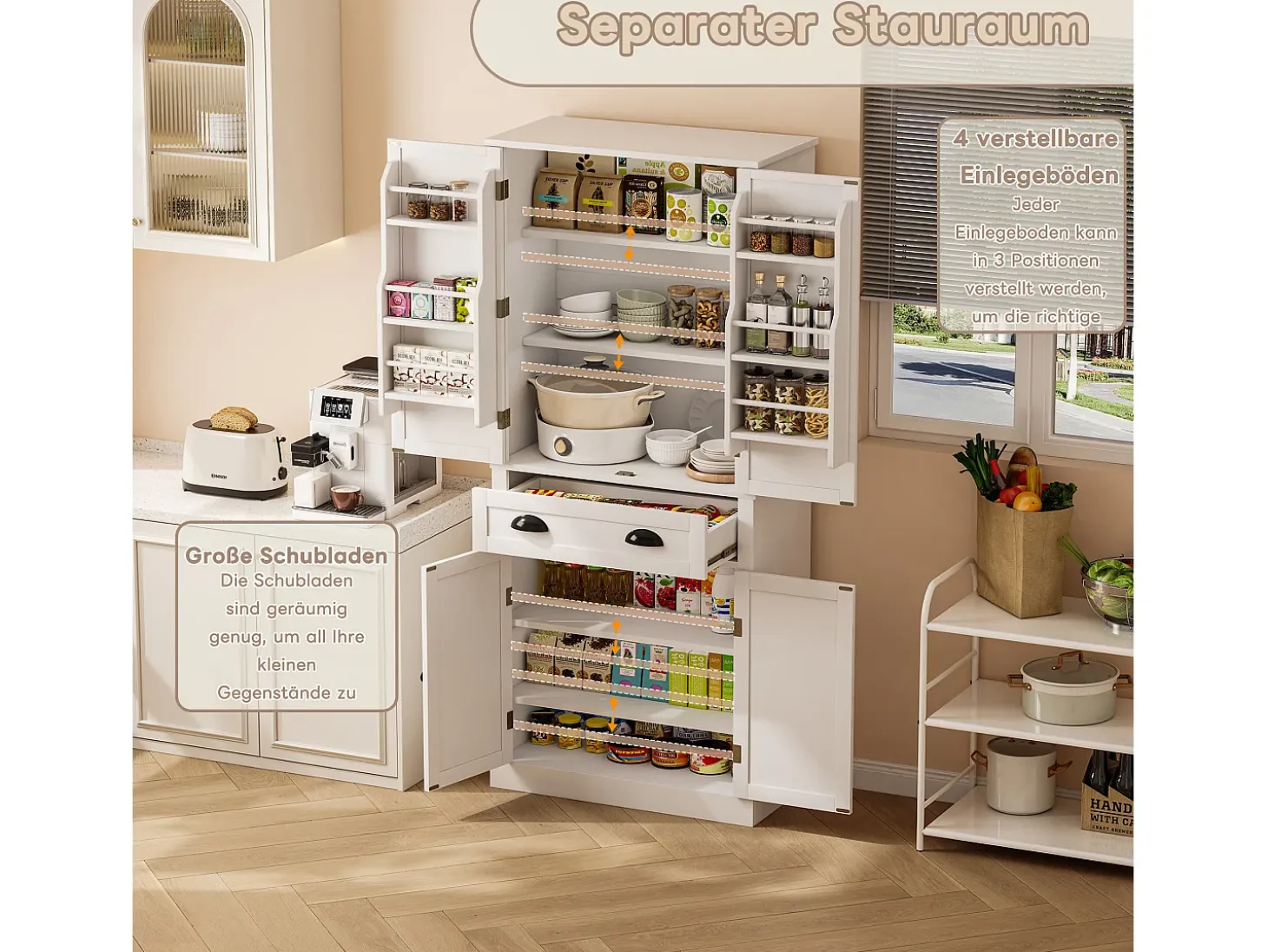 Aparador de cocina con 4 puertas y 1 cajón - 80 x 40 x 182 cm - estantes regulables - Madera MDF - Blanco