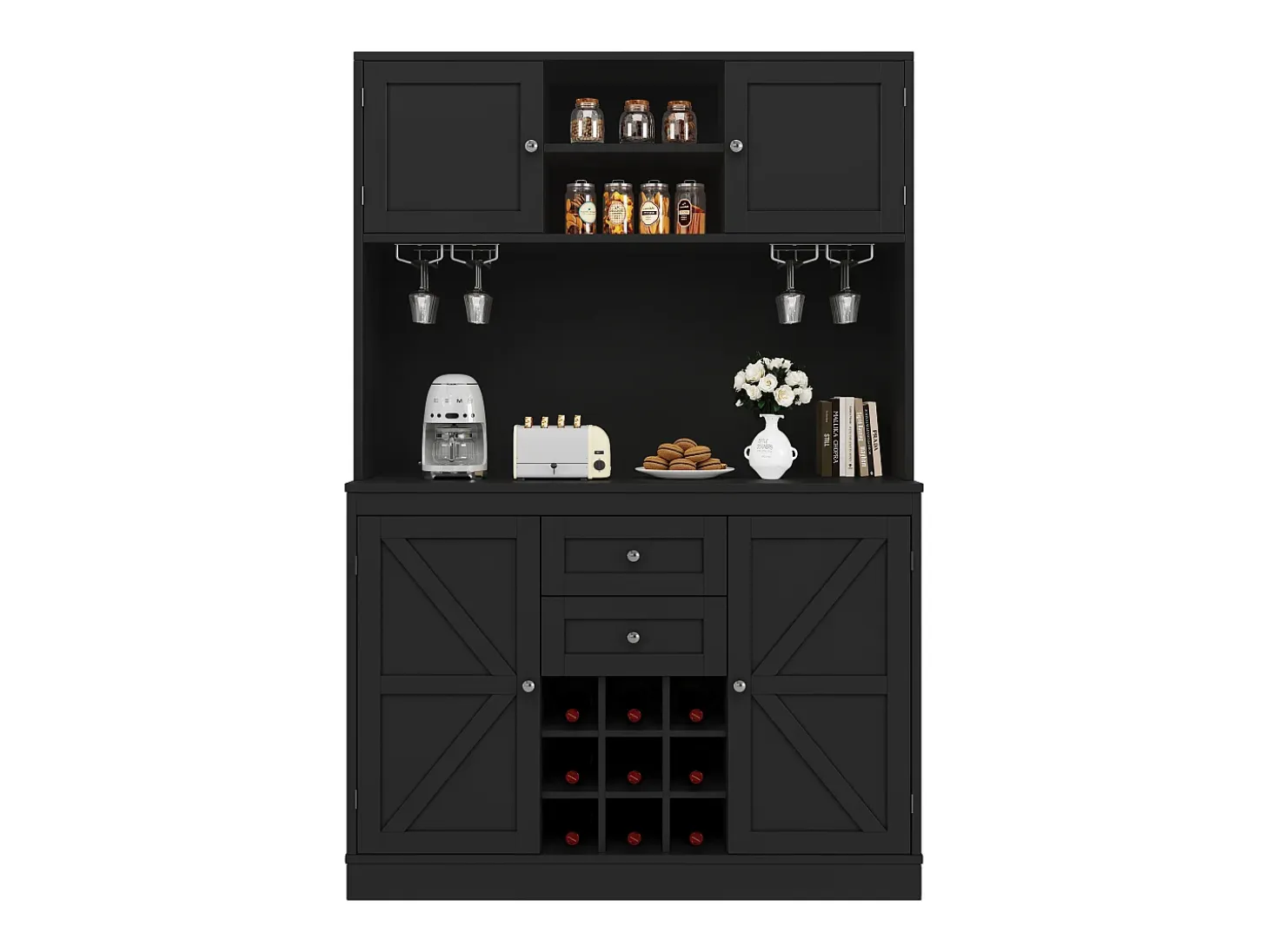 Aparador de cocina con 4 puertas, 2 cajones y botellero - Madera MDF - Negro