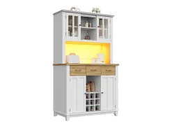 Aparador de cocina con iluminación LED, 3 cajones y 4 puertas - estantes regulables - Blanco y madera