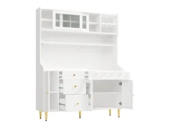 Aparador de cocina con iluminación LED, 4 puertas, 3 cajones y botellero - Blanco