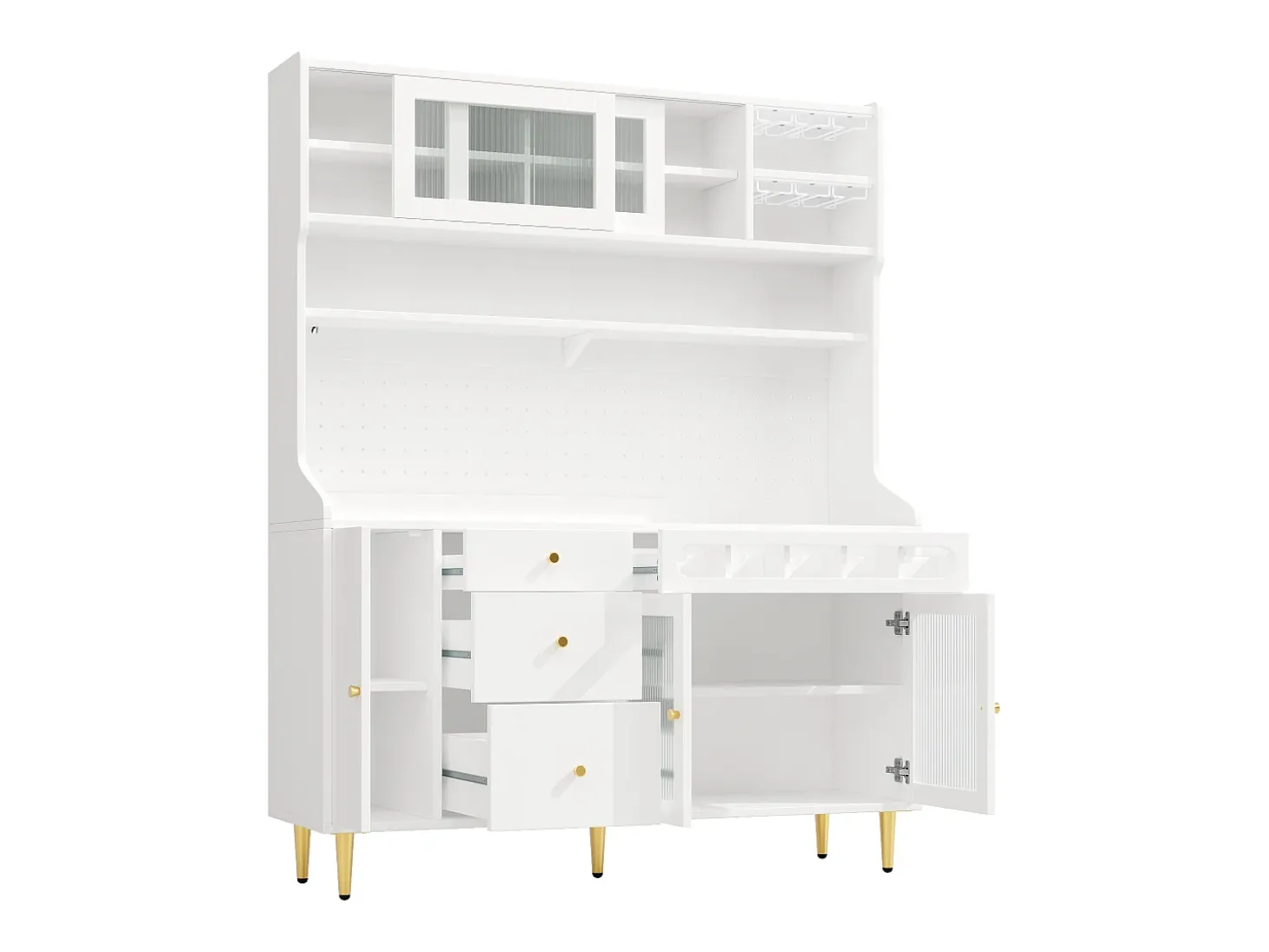 Aparador de cocina con iluminación LED, 4 puertas, 3 cajones y botellero - Blanco