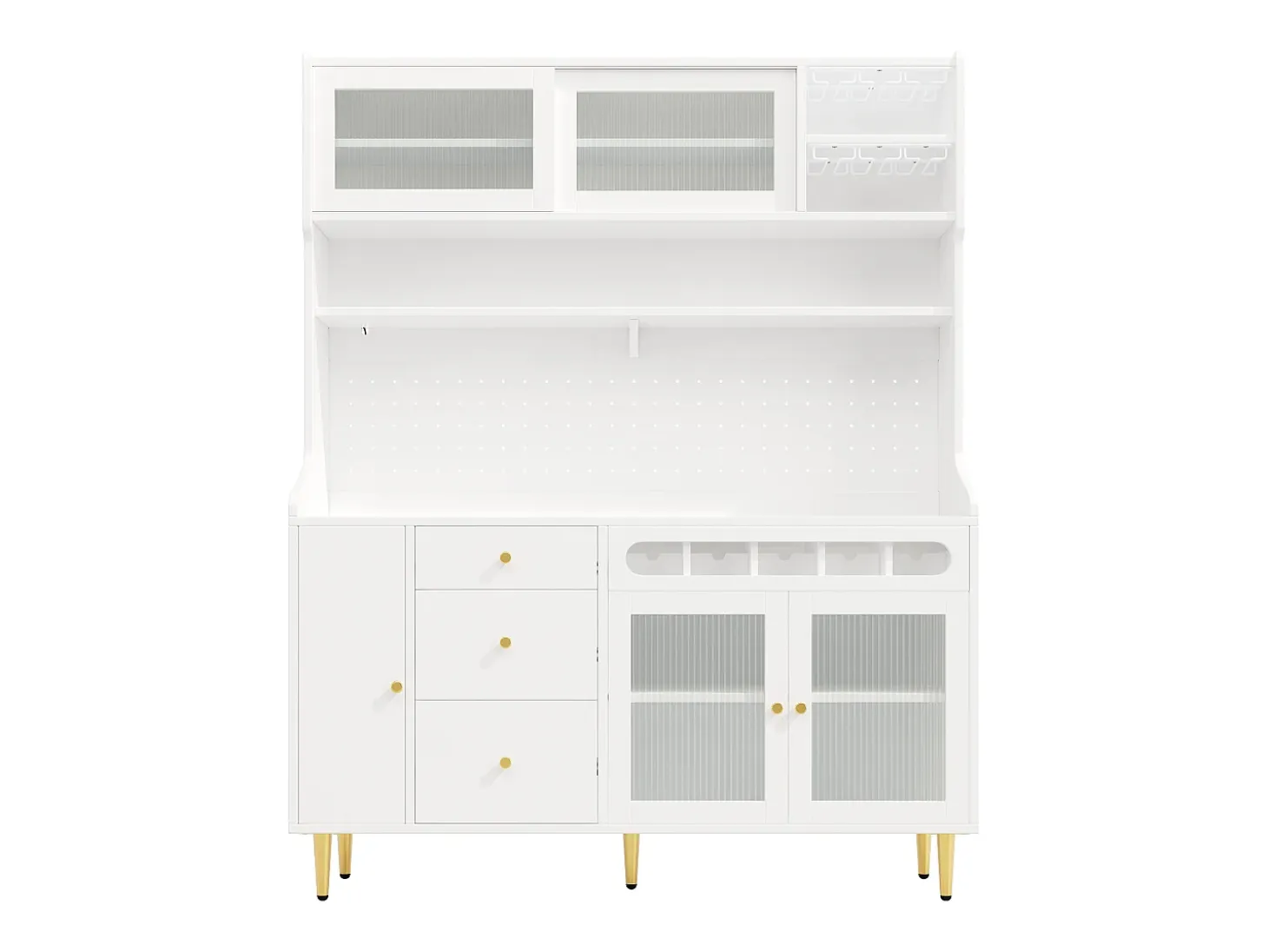 Aparador de cocina con iluminación LED, 4 puertas, 3 cajones y botellero - Blanco
