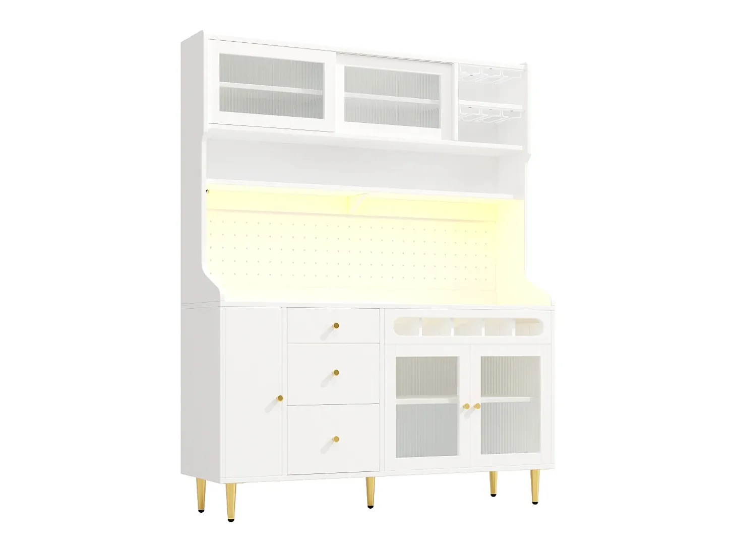 Aparador de cocina con iluminación LED, 4 puertas, 3 cajones y botellero - Blanco