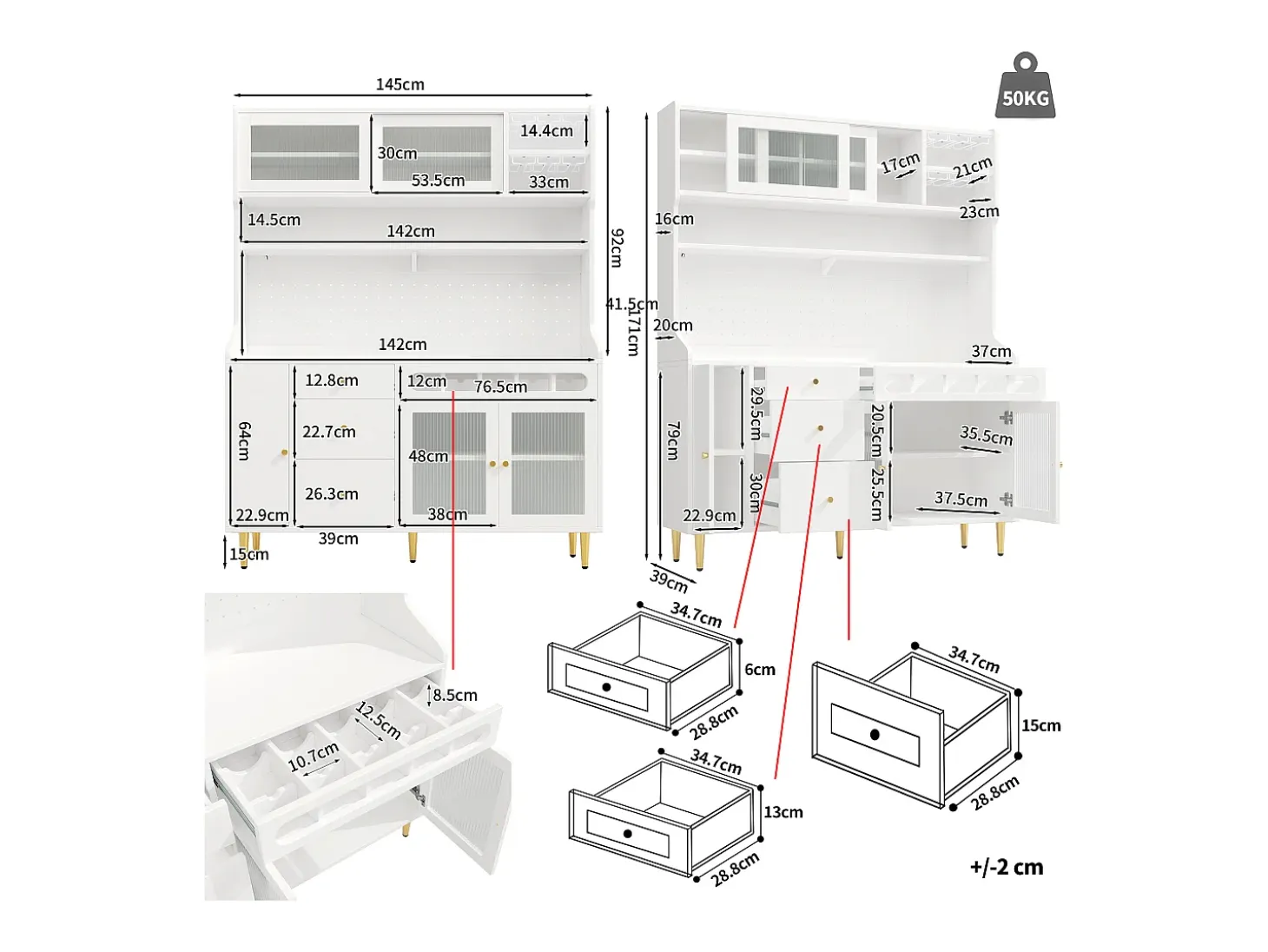 Aparador de cocina con iluminación LED, 4 puertas, 3 cajones y botellero - Blanco