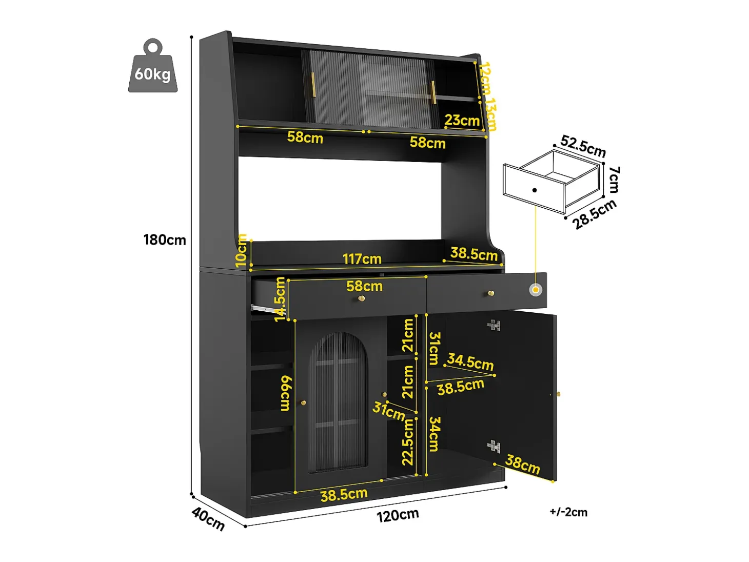 Aparador de cocina con iluminación LED, 4 puertas correderas de cristal, 1 puerta y 2 cajones - Negro