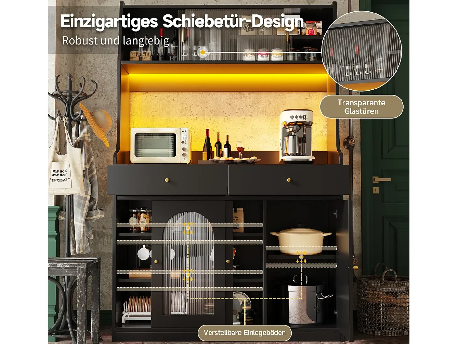 Aparador de cocina con iluminación LED, 4 puertas correderas de cristal, 1 puerta y 2 cajones - Negro
