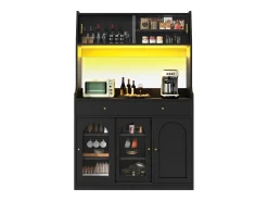 Aparador de cocina con iluminación LED, 4 puertas correderas de cristal, 1 puerta y 2 cajones - Negro