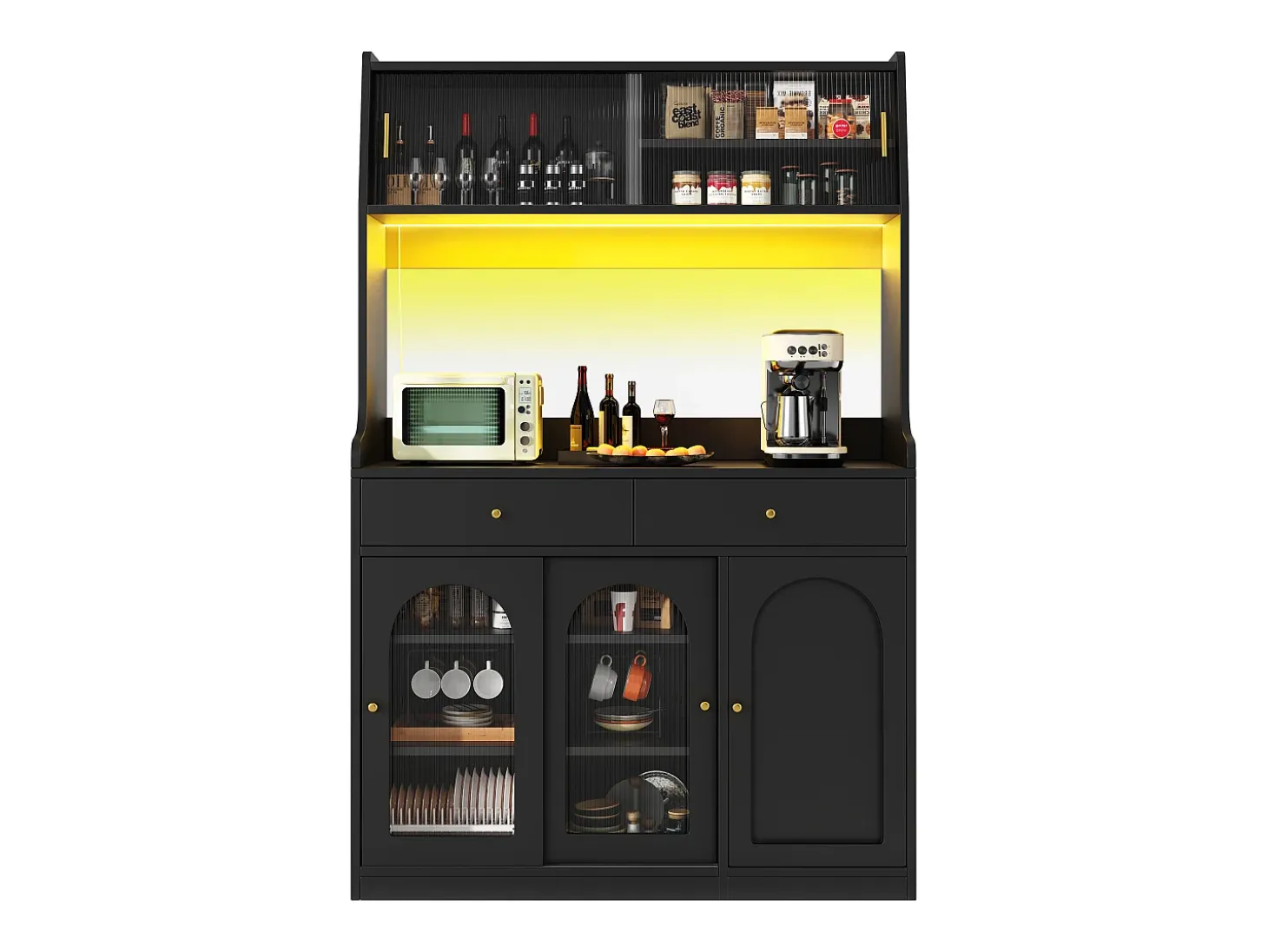 Aparador de cocina con iluminación LED, 4 puertas correderas de cristal, 1 puerta y 2 cajones - Negro