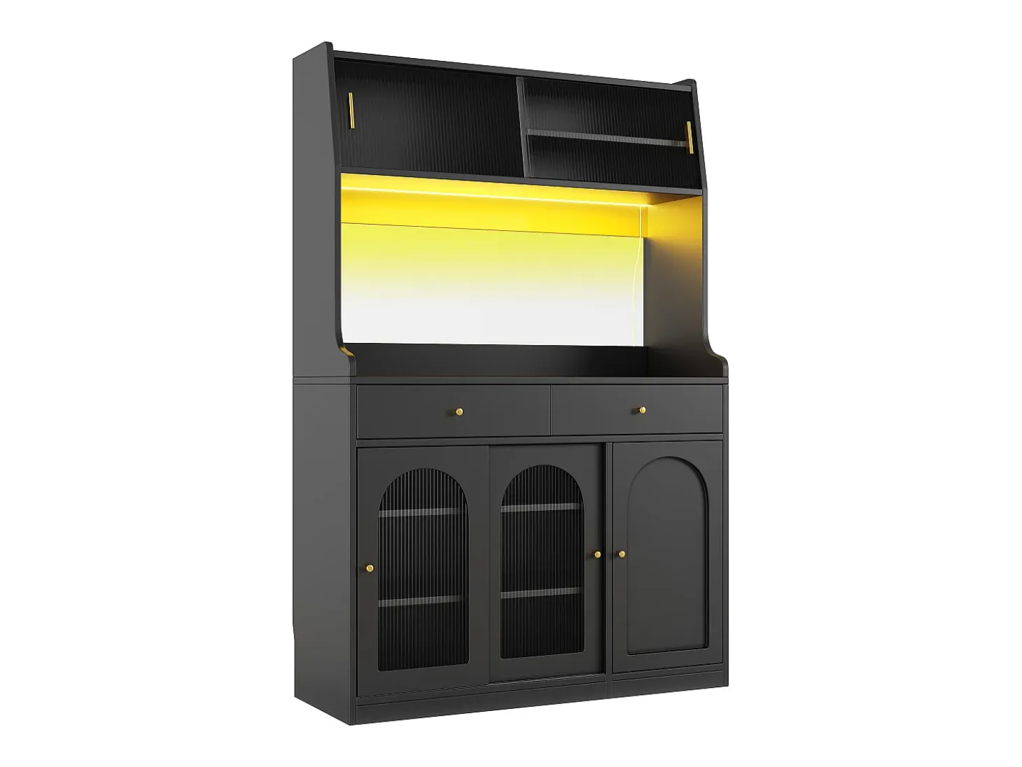 Aparador de cocina con iluminación LED, 4 puertas correderas de cristal, 1 puerta y 2 cajones - Negro