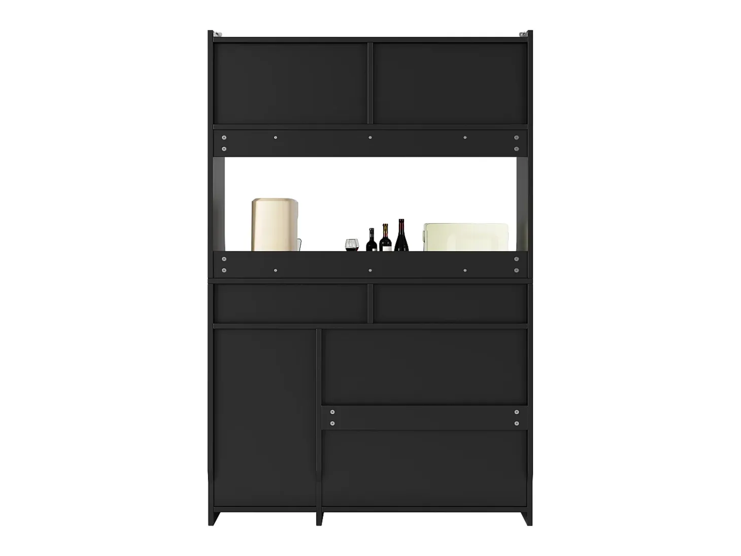 Aparador de cocina con iluminación LED, 4 puertas correderas de cristal, 1 puerta y 2 cajones - Negro