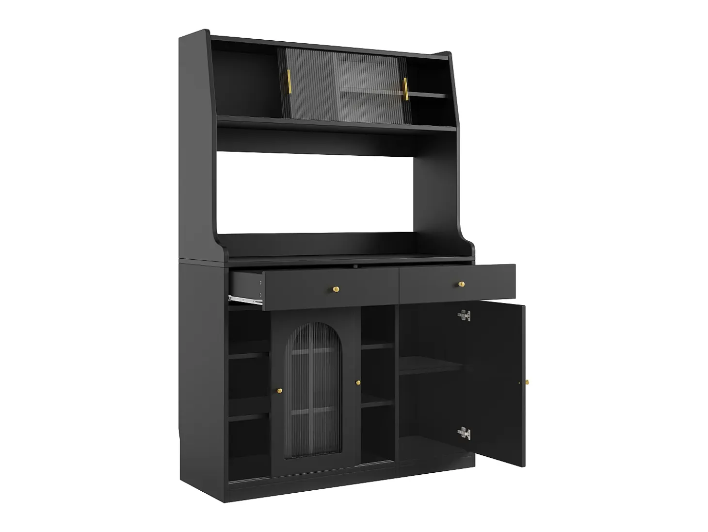 Aparador de cocina con iluminación LED, 4 puertas correderas de cristal, 1 puerta y 2 cajones - Negro