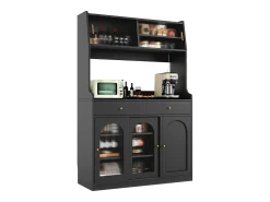 Aparador de cocina con iluminación LED, 4 puertas correderas de cristal, 1 puerta y 2 cajones - Negro