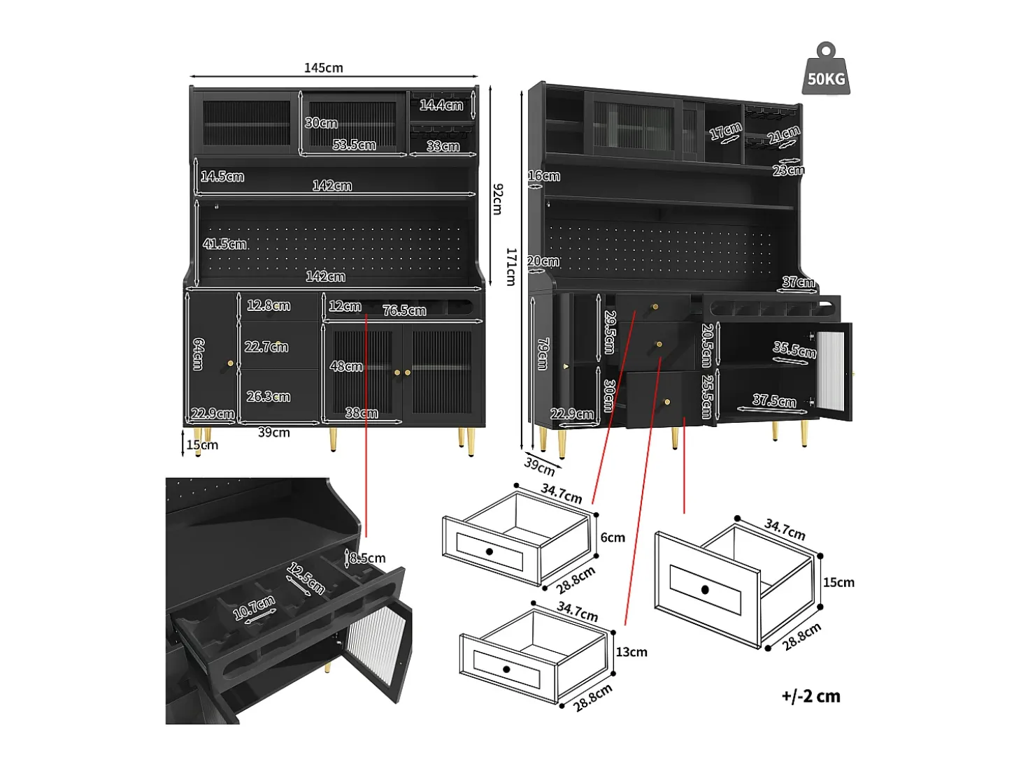 Aparador de cocina con iluminación LED, 4 puertas, 3 cajones y botellero - Negro