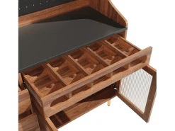 Aparador de cocina con iluminación LED, 4 puertas, 3 cajones y botellero - Color nogal