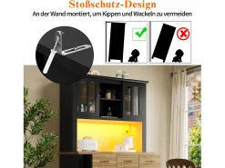 Aparador de cocina con iluminación LED, 3 cajones y 4 puertas - estantes regulables - Negro y madera