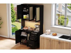 Aparador de cocina con LED - 100 x 40 x 183 cm - con USB + enchufes + estantes regulables + 3 cajones - MDF - negro