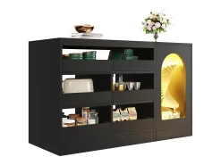 Aparador de cocina con puerta - 120 x 40 x 75 cm - con 6 cajones + LED - MDF - negro