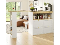 Aparador de cocina con tablero giratorio 360°, 4 cajones y 1 nicho, blanco - 204x39x104cm