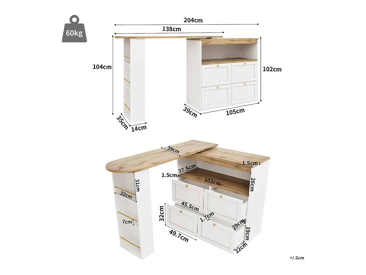 Aparador de cocina con tablero giratorio 360°, 4 cajones y 1 nicho, blanco - 204x39x104cm