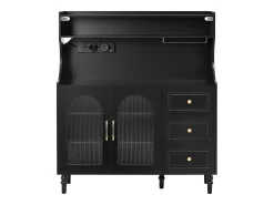 Aparador de cocina con zócalos - 120 x 40 x 138,5 cm - con 3 cajones + botellero + estantes + 2 puertas - MDF - negro