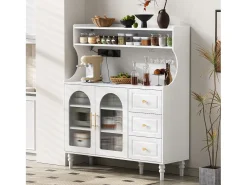 Aparador de cocina con zócalos - 120 x 40 x 138,5 cm - con 3 cajones + botellero + estantes + 2 puertas - MDF - blanco