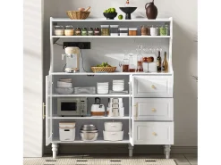 Aparador de cocina con zócalos - 120 x 40 x 138,5 cm - con 3 cajones + botellero + estantes + 2 puertas - MDF - blanco