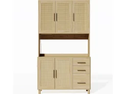 Aparador de cocina de 183 cm con luces LED, puertos USB, estantes ajustables y 3 cajones - natural