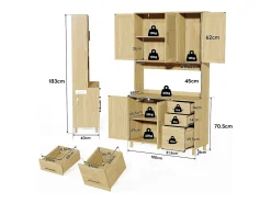 Aparador de cocina de 183 cm con luces LED, puertos USB, estantes ajustables y 3 cajones - natural