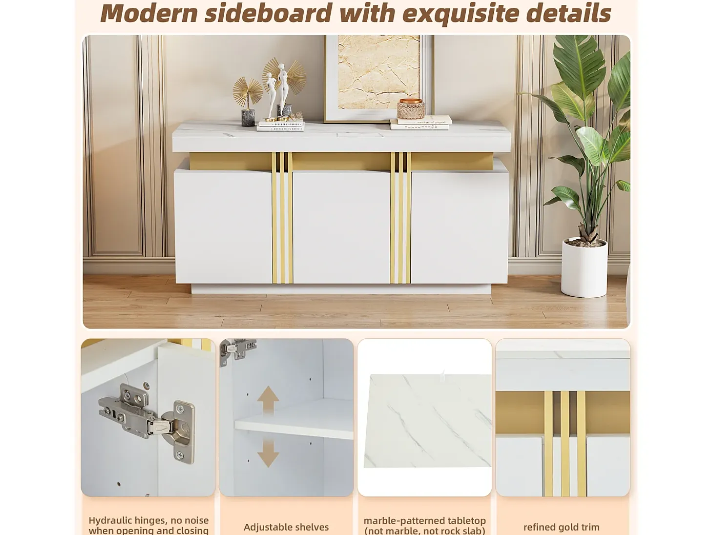 Aparador de cocina de 3 puertas con tablero efecto mármol para salón y dormitorio, color blanco