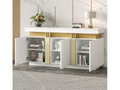 Aparador de cocina de 3 puertas con tablero efecto mármol para salón y dormitorio, color blanco