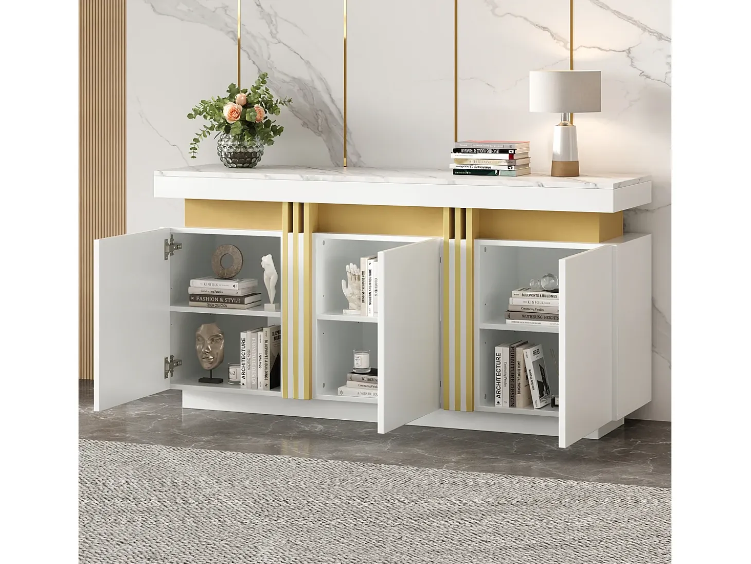 Aparador de cocina de 3 puertas con tablero efecto mármol para salón y dormitorio, color blanco