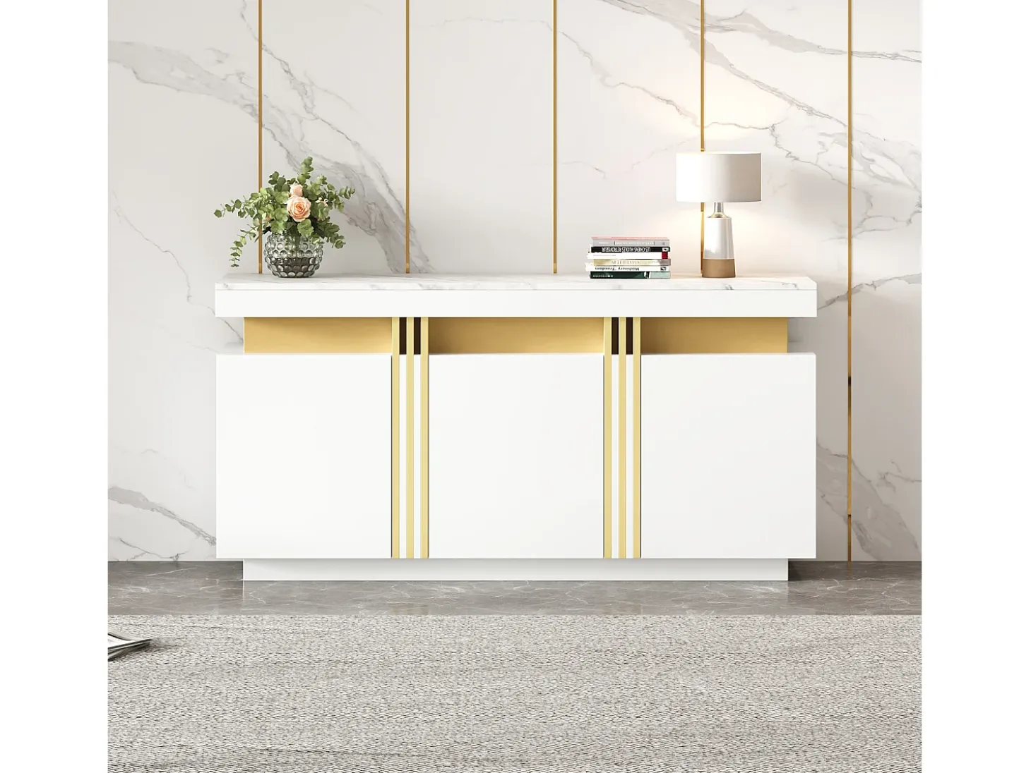 Aparador de cocina de 3 puertas con tablero efecto mármol para salón y dormitorio, color blanco