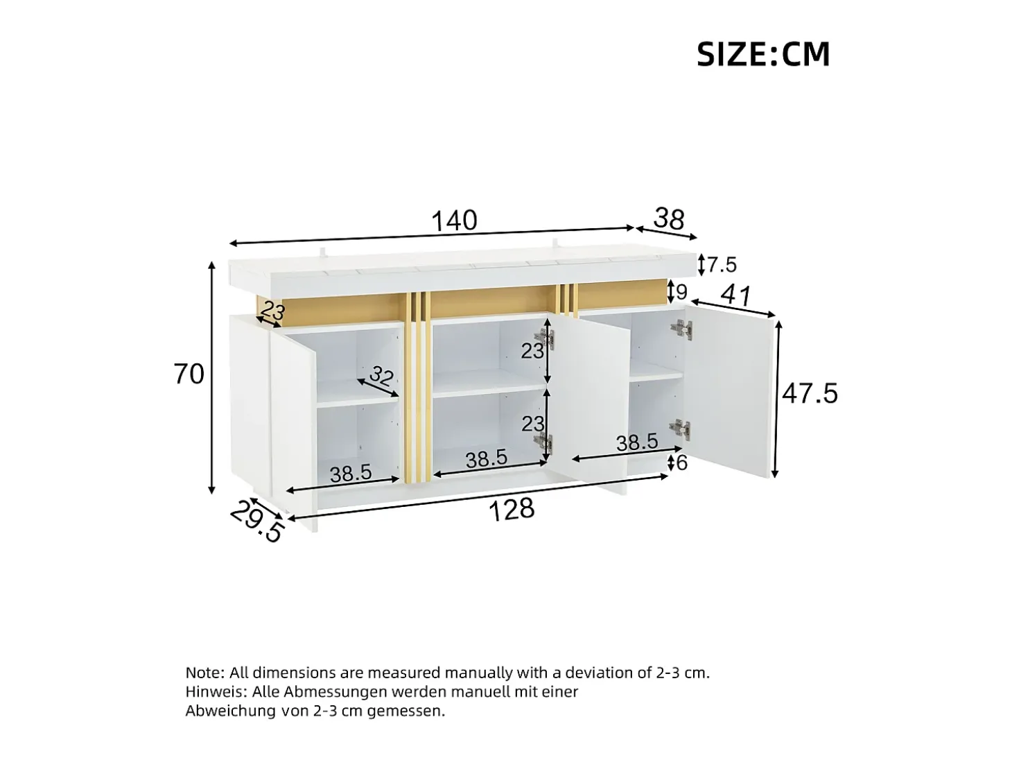 Aparador de cocina de 3 puertas con tablero efecto mármol para salón y dormitorio, color blanco