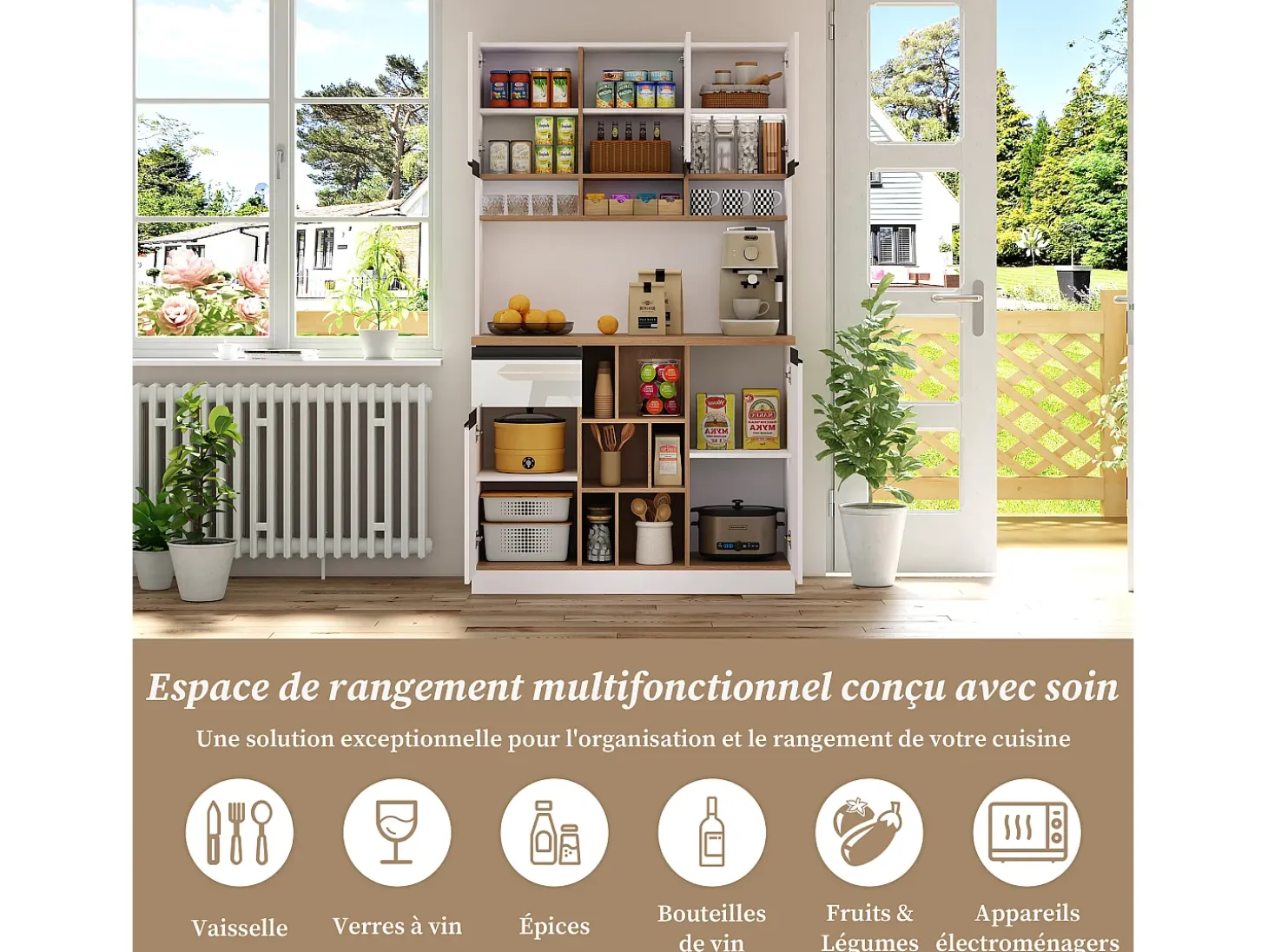 Aparador de cocina de 105 x 45 x 185 cm, mueble de almacenaje con estantes ajustables, para salón, color blanco