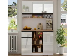 Aparador de cocina de 105 x 45 x 185 cm, mueble de almacenaje con estantes ajustables, para salón, color blanco