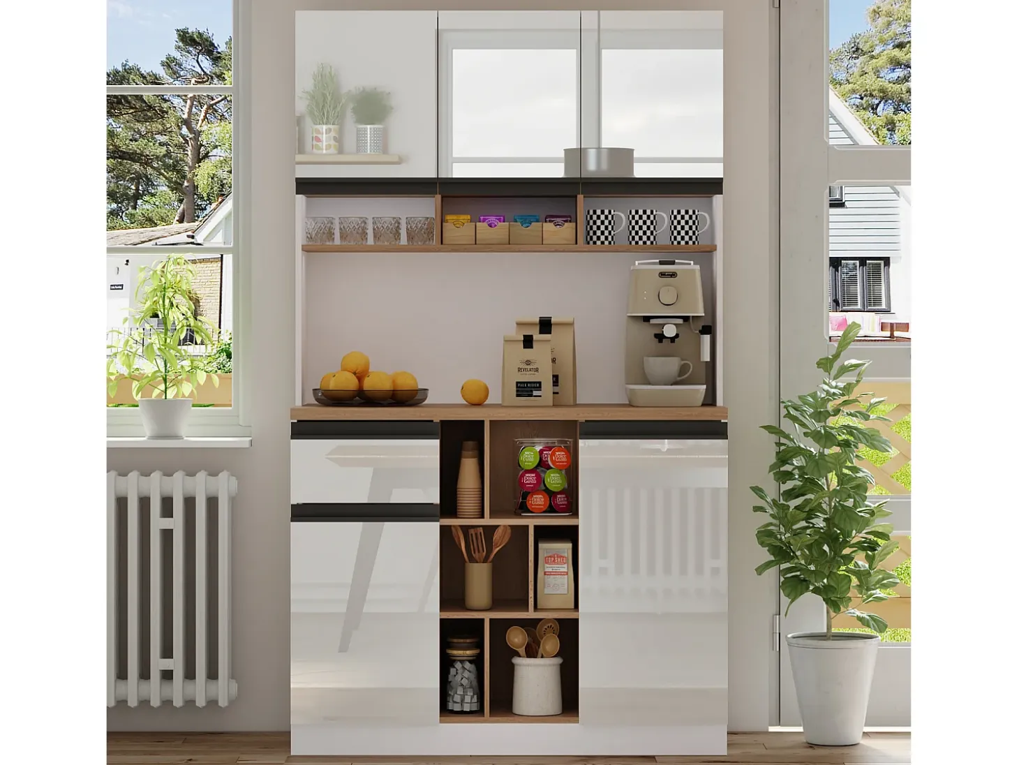 Aparador de cocina de 105 x 45 x 185 cm, mueble de almacenaje con estantes ajustables, para salón, color blanco