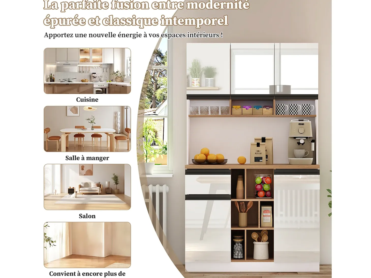 Aparador de cocina de 105 x 45 x 185 cm, mueble de almacenaje con estantes ajustables, para salón, color blanco