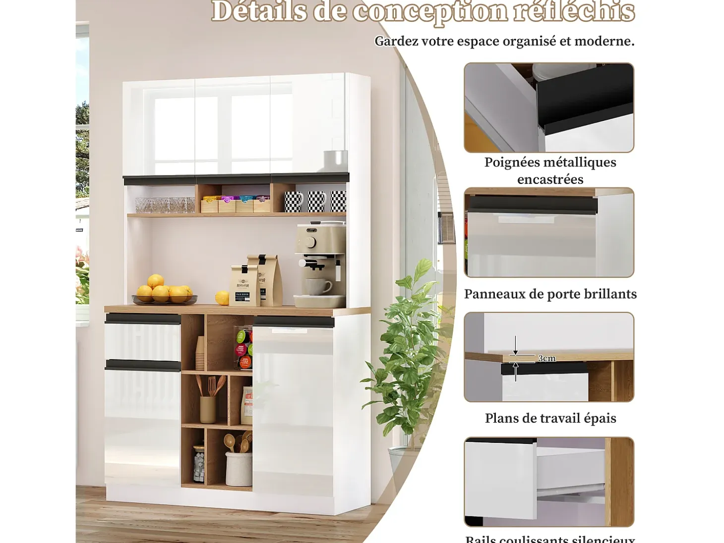 Aparador de cocina de 105 x 45 x 185 cm, mueble de almacenaje con estantes ajustables, para salón, color blanco