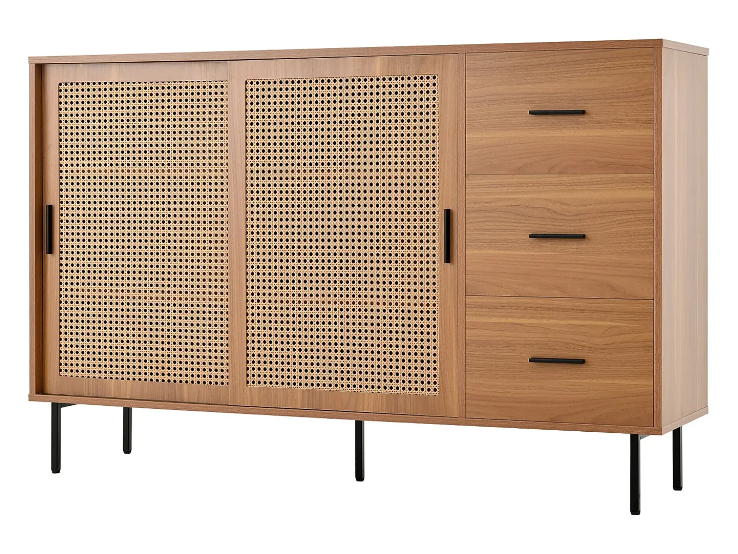 Aparador de cocina de ratán con 2 puertas correderas de ratán y 3 cajones, nogal/140 x 37 x 91 cm