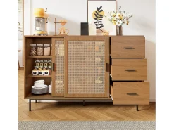 Aparador de cocina de ratán con 2 puertas correderas de ratán y 3 cajones, nogal/140 x 37 x 91 cm