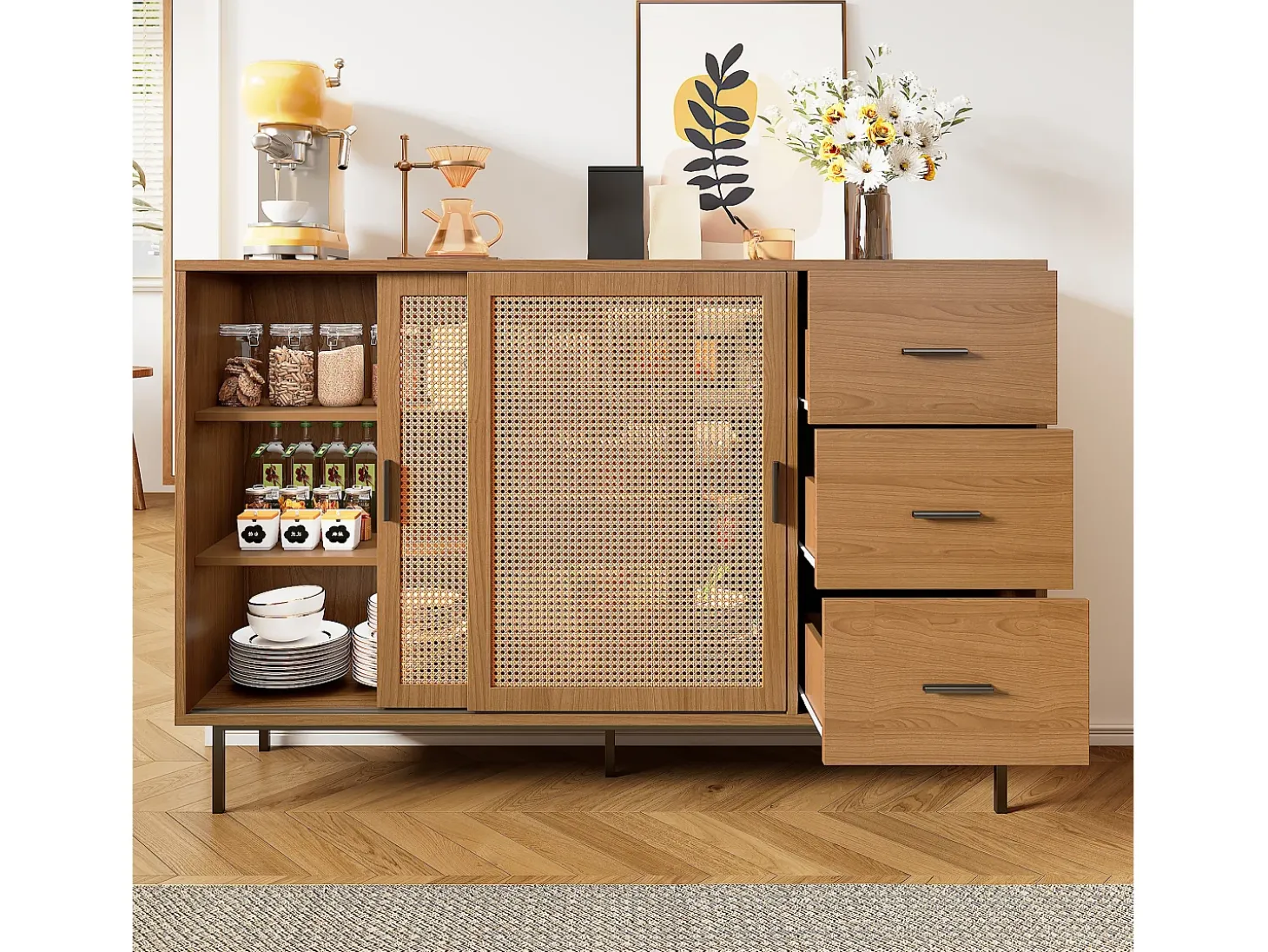 Aparador de cocina de ratán con 2 puertas correderas de ratán y 3 cajones, nogal/140 x 37 x 91 cm